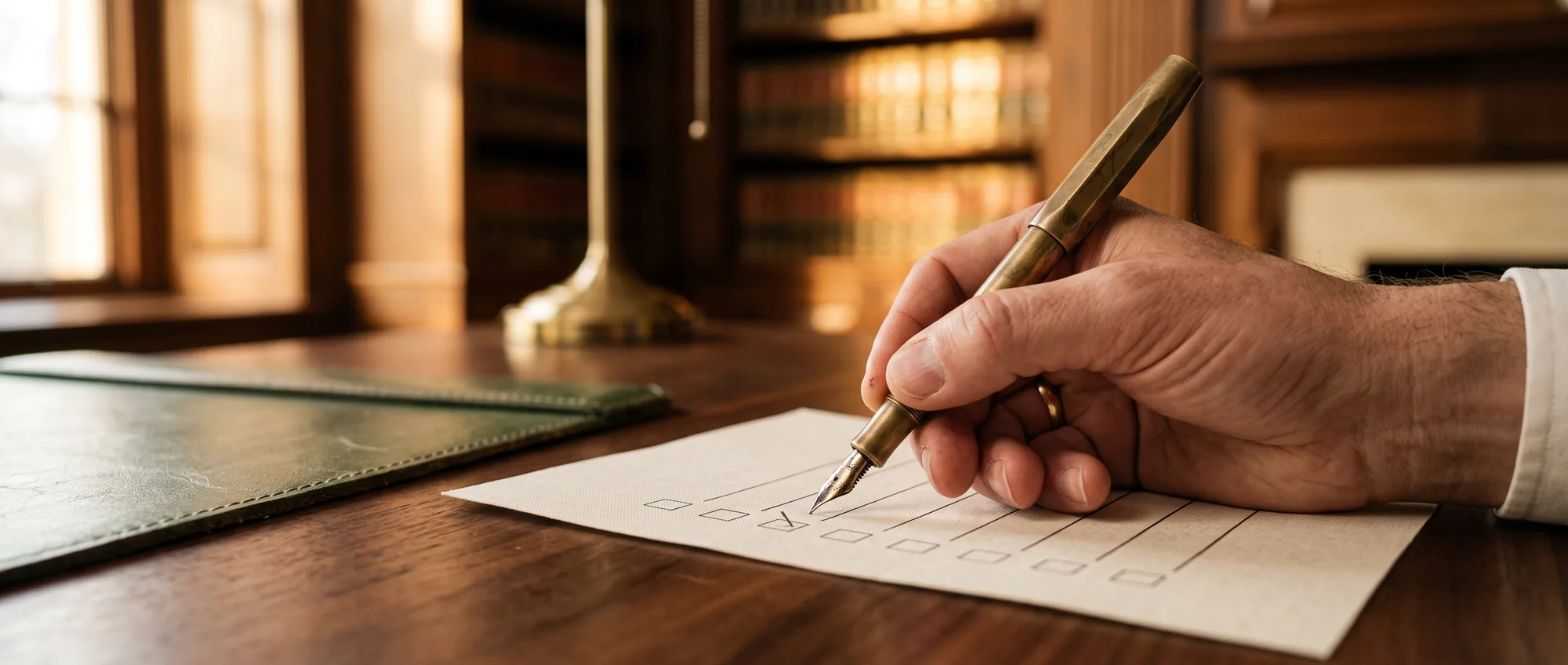 Hand holding a brass fountain pen over a printed checklist at a law office desk