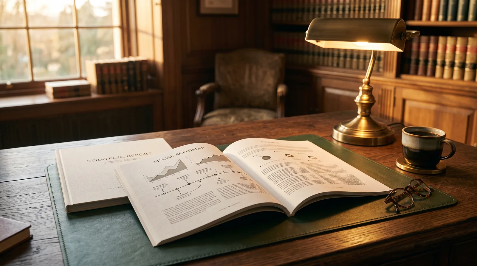 Printed findings report open to a roadmap page on a desk beside a brass lamp