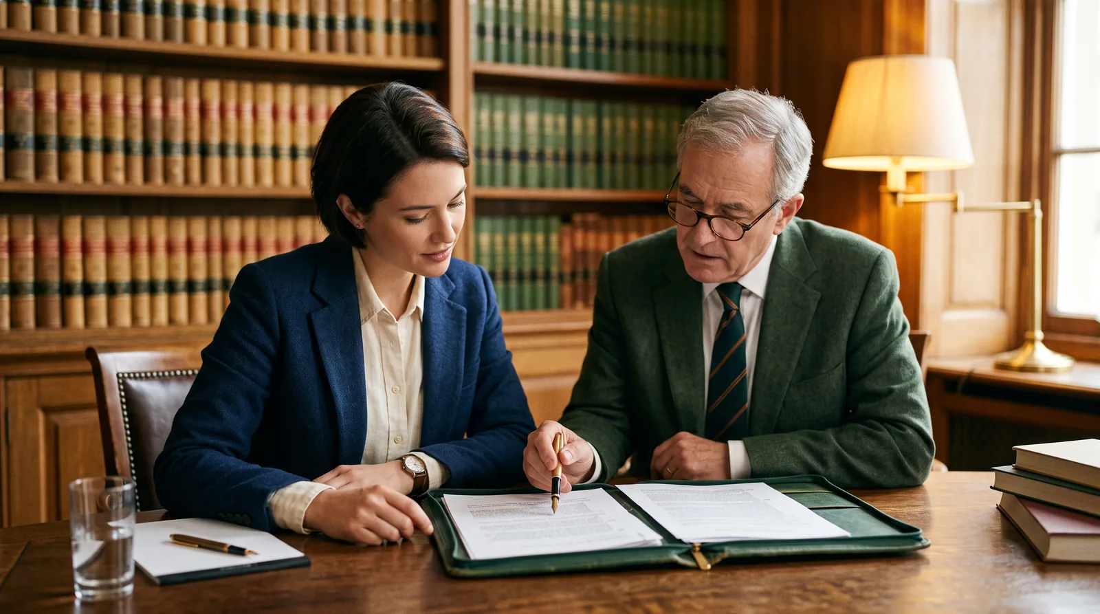 Consultant and attorney working through a printed plan together at a law office desk