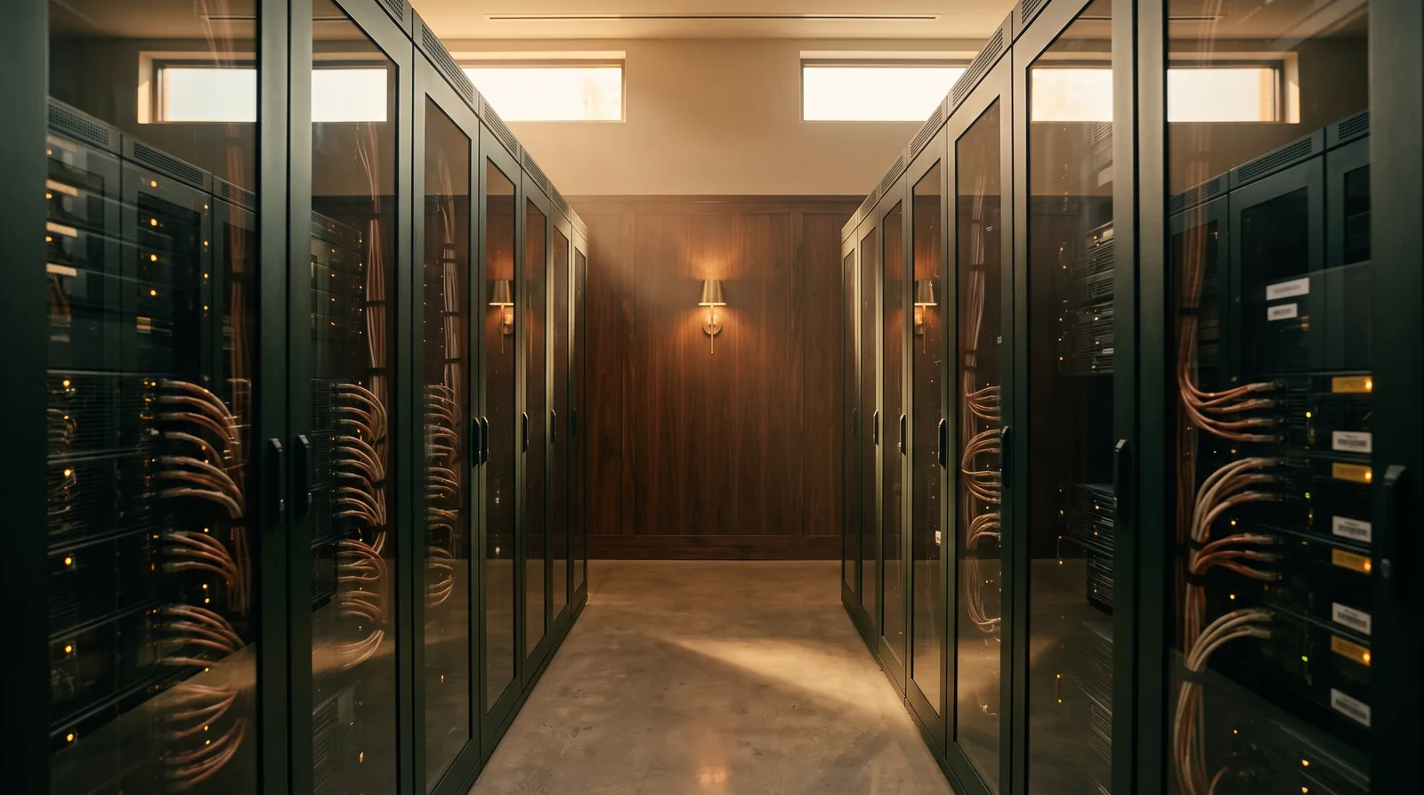 Aisle between glass-fronted dark green server racks with warm amber status lights leading to a walnut-panelled wall
