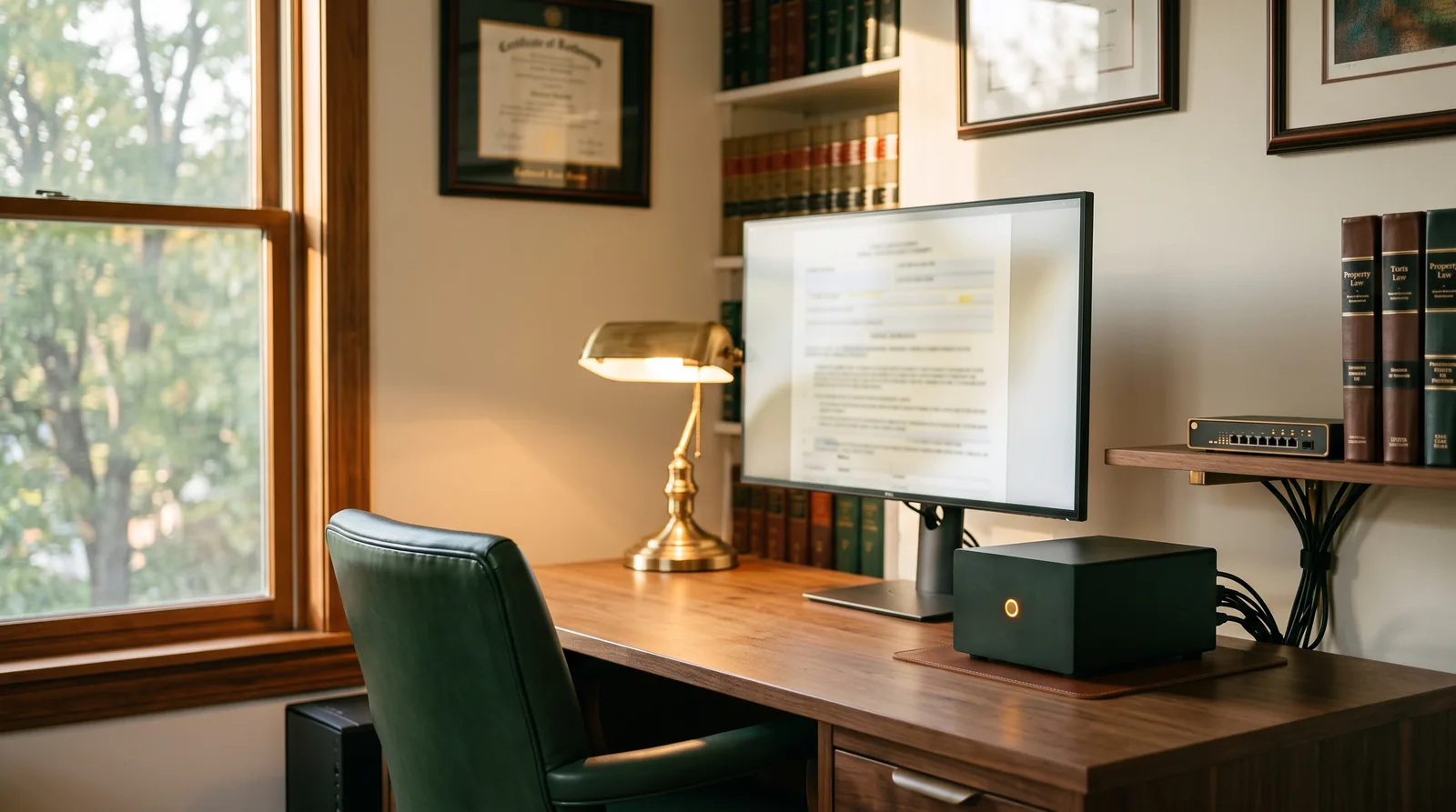 Solo attorney's office with a workstation, a compact AI server unit with a single amber status light, brass banker's lamp, and green leather chair