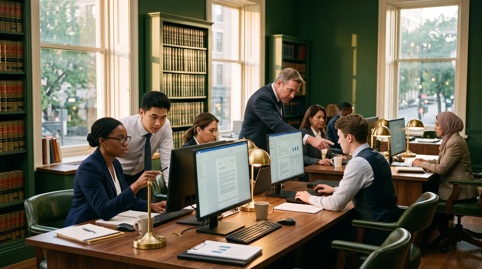 Team of legal professionals working at desks with large monitors in a green-walled law office lit by tall windows