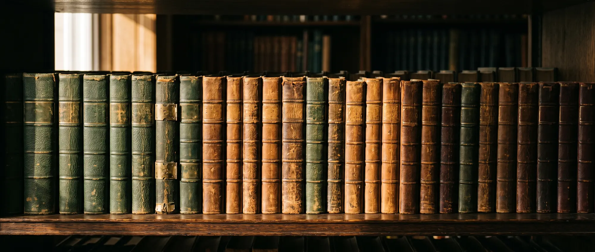 Row of green and brown leather-bound law books with brass detailing on a wooden shelf