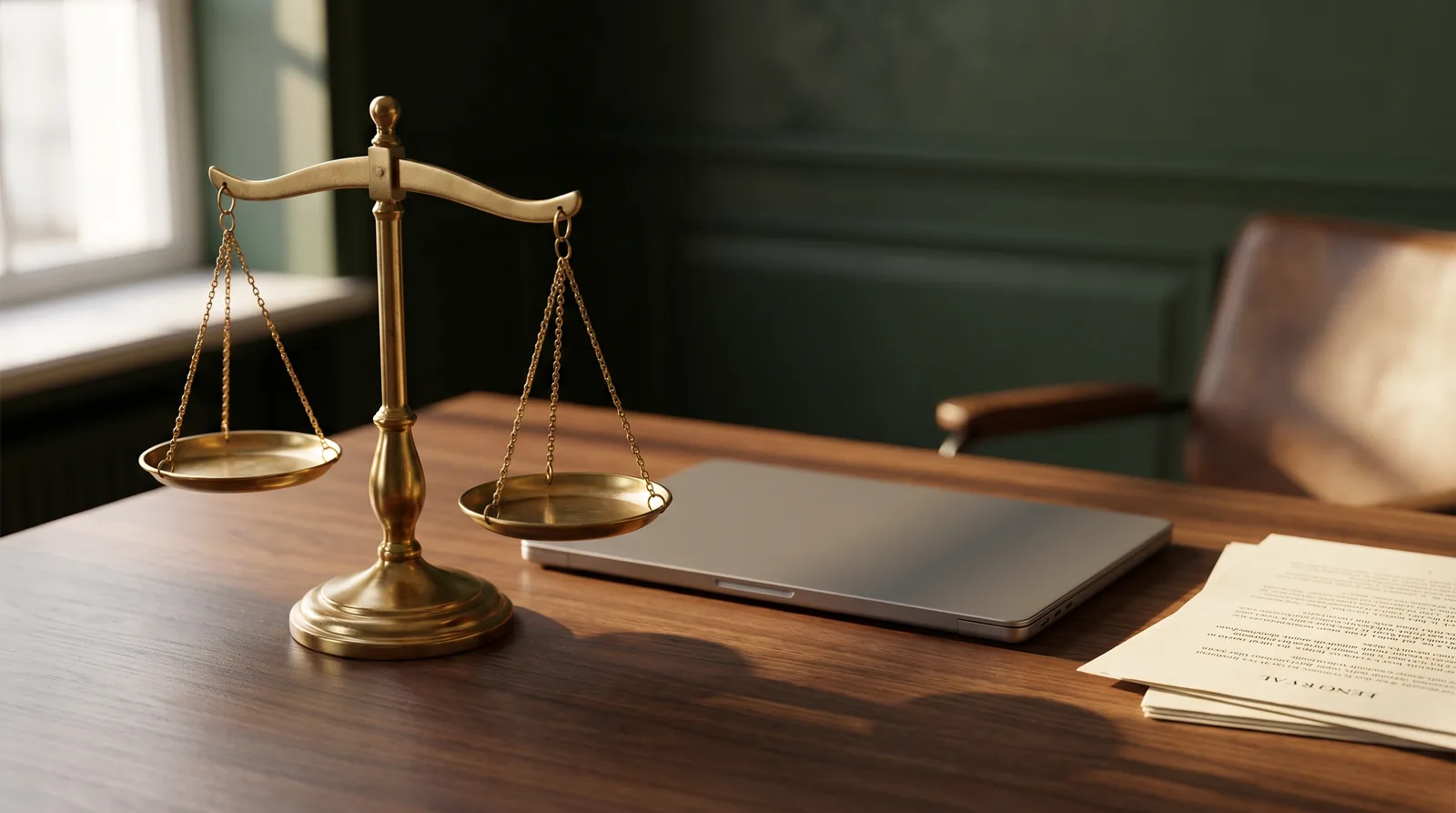 Brass scales of justice beside a closed laptop on a walnut desk in warm window light