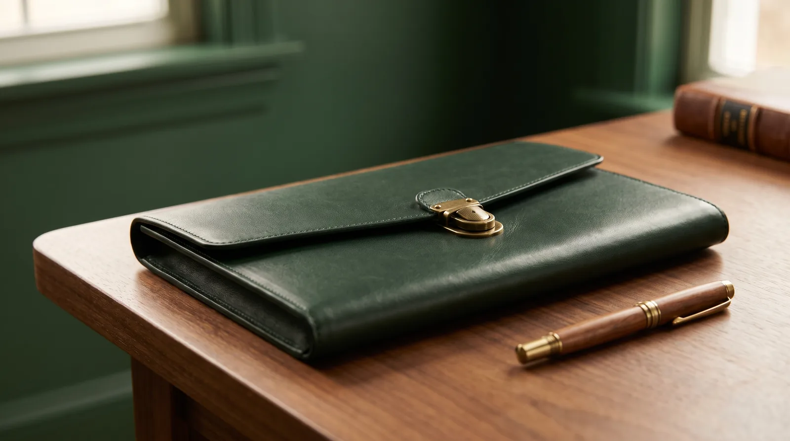 Closed green leather portfolio with a brass clasp on a walnut desk beside a fountain pen